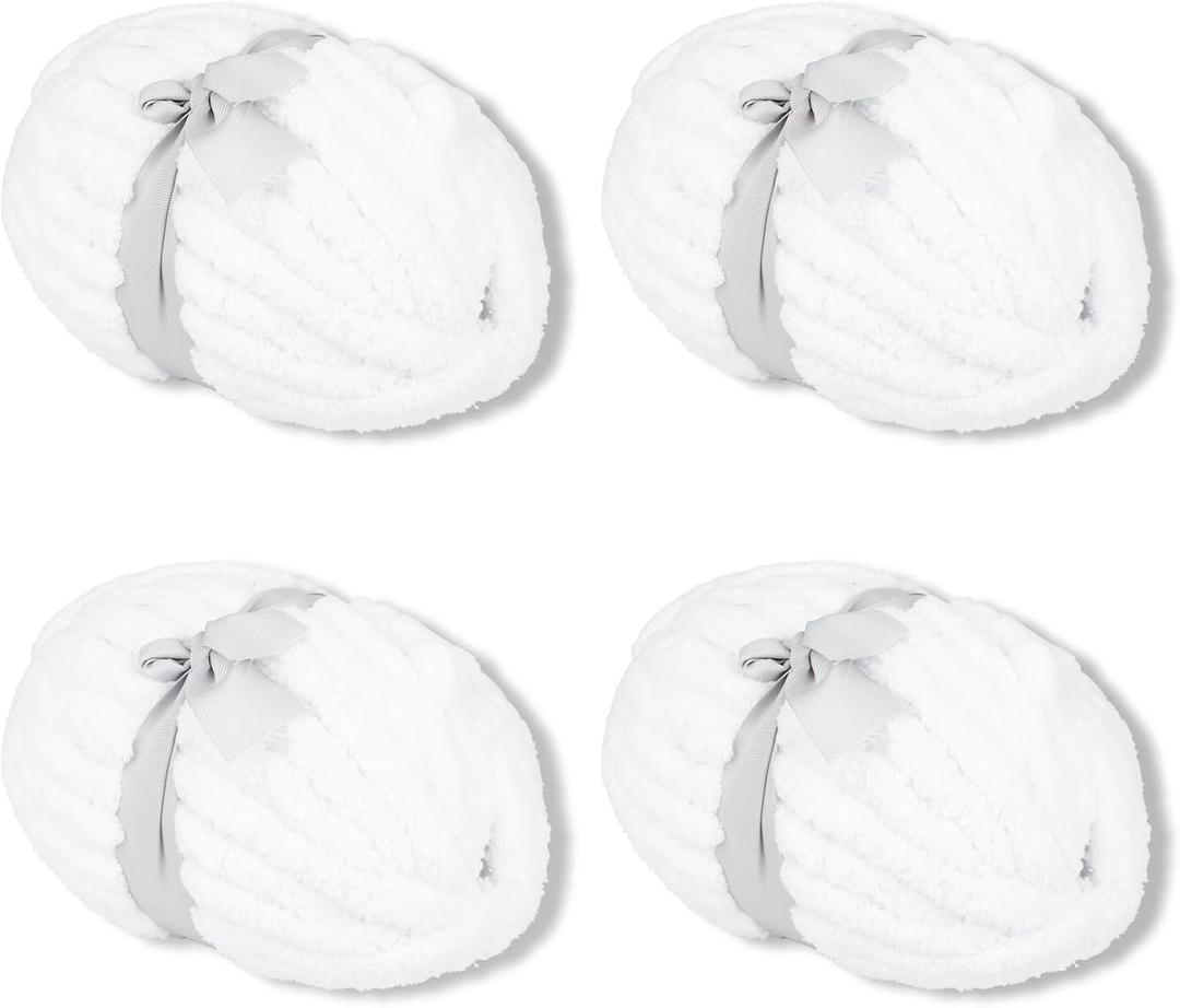 White Chunky Yarn Soft Thick Fluffy Jumbo Chenille Yarn for Luxurious Blankets, Throw, Home Decor - for Arm Knitting, Crochet & Knitting Projects (4-Pack/2.1 lb, 132yds)