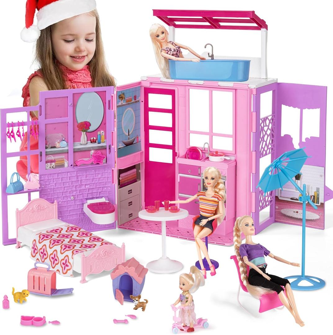 BETTINA Foldable Doll House for 12'' Dolls, 2-Story Dollhouse W/ Loft,Pets Rooms, 40+ Pcs Dollhouse Furnitures & Accessories, Space Saving Playhouse Birthday Xmas Toys Gifts for Girls 3 4 5 6 7 8+