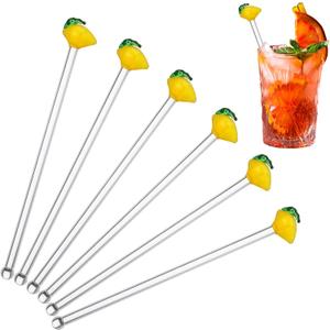 SiliFine 6 Pcs Lemon Glass Swizzle Sticks - 8'' Glass Drink Stirrers, Cocktail Stirring Rod, Reusable Mixing Sticks, Coffee Bar Accessories for Christmas Party Supplies