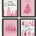 DSHFG Pink Christmas Tree Pictures Wall Decor Prints, Pink Christmas Bathroom Bedroom Wall Art Posters, Xmas Decorations for Home Bathroom Bedroom Living Room 4Pcs, 8x10 Unframed