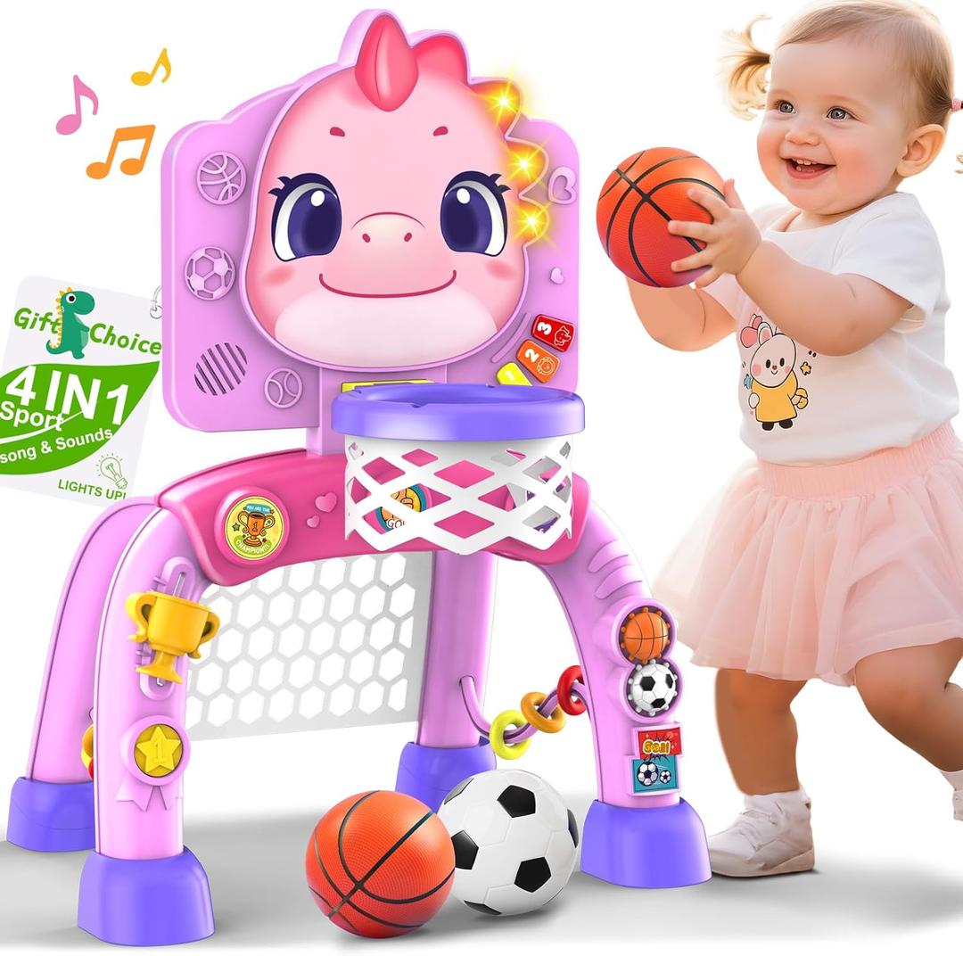 Nicmore Basketball Hoop Toys for Toddlers: Dinosaur Activity Center with Lights Music - Indoor Sports Skills Development - 6, 12, 18, 24+ Month Christmas Birthday Gift for Baby, Boys & Girls (Pink)