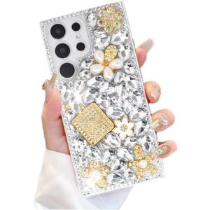 for Galaxy S23 Plus Bling Case for Women Girl,3D Bling Shiny Rhinestone Diamond Crystal Perfume Bottle & Flower Soft Protective Anti-Fall Case for Galaxy S23