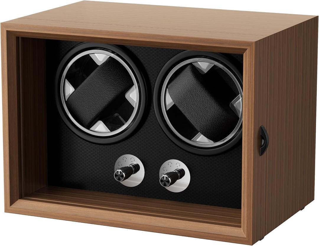 Double Watch Winder for Automatic Watches, Wooden Automatic Watch Box with Dual Independent Control, Ultra-Quiet Sleeping Motor, Soft Pillow & Blue LED, Gift for Men & Watch Lovers