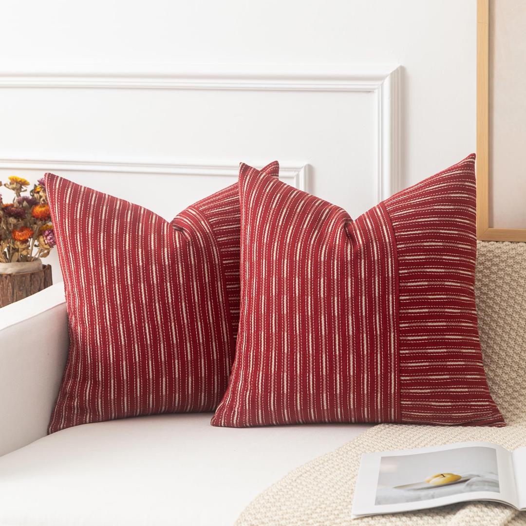Kevin Textile Valentines Wine Red and Beige Farmhouse Striped Patchwork Linen Decorative Throw Pillows Covers 18x18, Set of 2, Modern Accent Square Cushion Covers for Couch Chair Bedroom