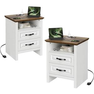 Marsail Nightstand Set of 2 for Bedroom, Night Stand with Charging Station, Bedside Table with 2 Drawers & Open Shelf, Farmhouse End Table Storage Cabinet, Wood White (Brown)