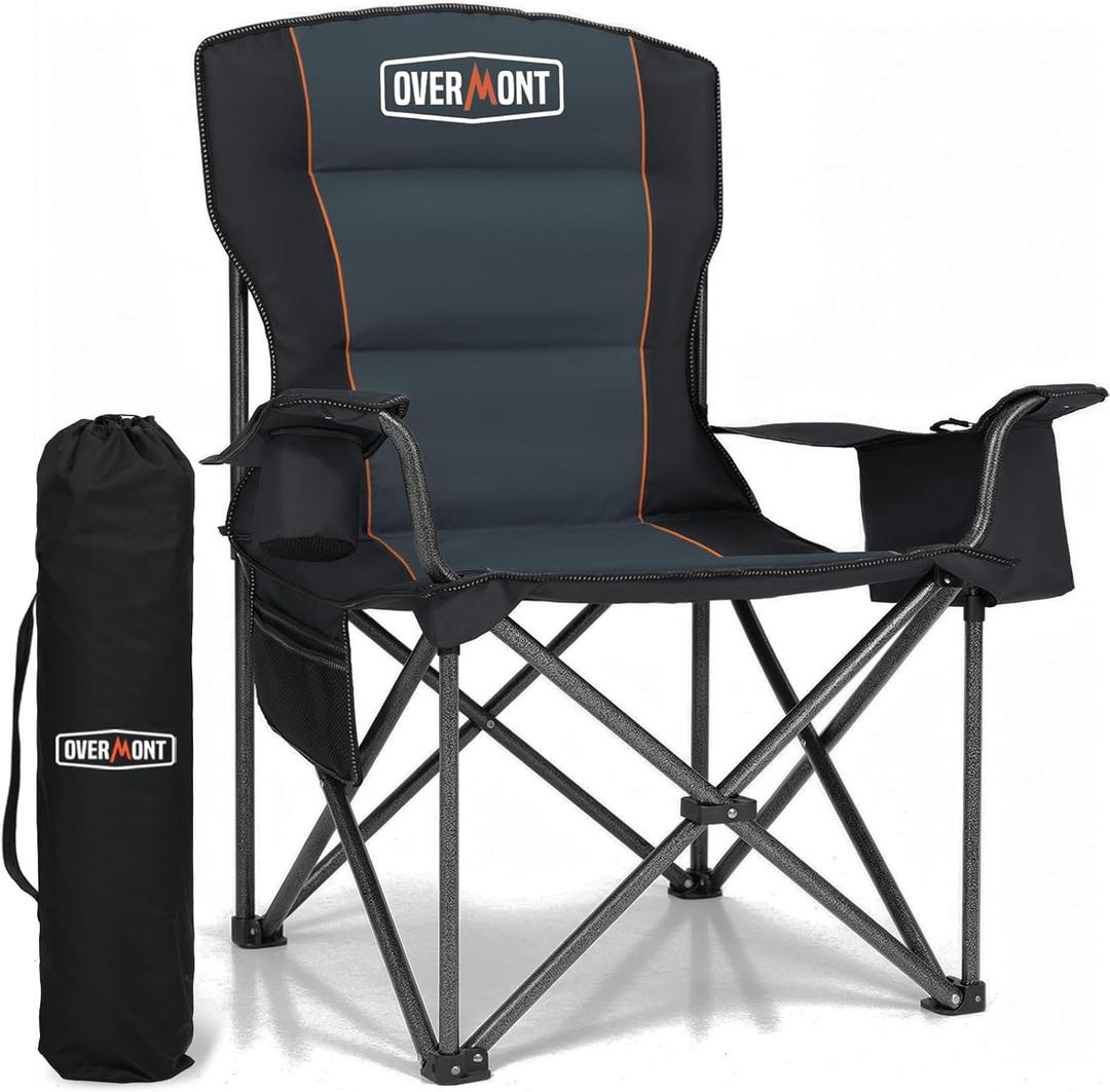 Overmont Oversized Folding Camping Chair - 450lbs Support with Padded Cushion Cooler Pockets - Heavy Duty Collapsible Chairs for Sports Garden Beach Fishing (1pc, Black)