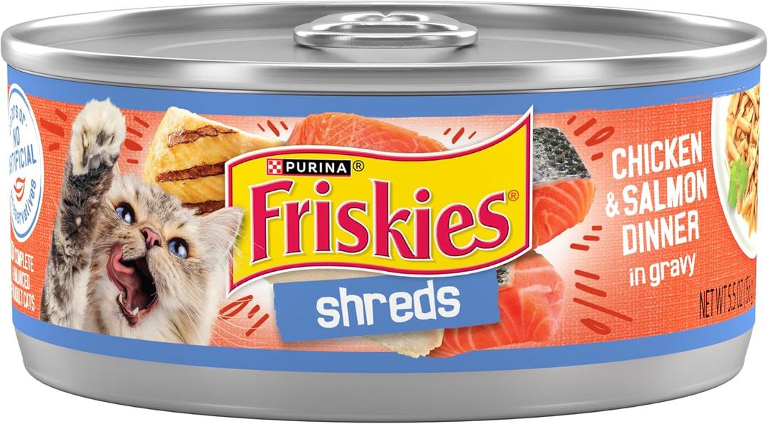Purina Friskies Shreds Chicken and Salmon Dinner in Wet Cat Food Gravy - (Pack of 24) 5.5 oz. Cans, BB Date:05/2027