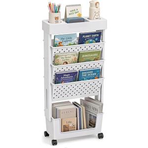 BYFU 5-Tier Movable Bookshelf Cart, Rolling File Paper Storage Organizer Mobile Bookcase with Wheels for Home Office Study Classroom, White
