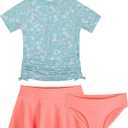 Cadocado Girls Swimsuit Rash Guard Girls' Swimwear Short Sleeve Bathing Suit 3 Pieces Kids Floral Swim Set with Skirt 10Y