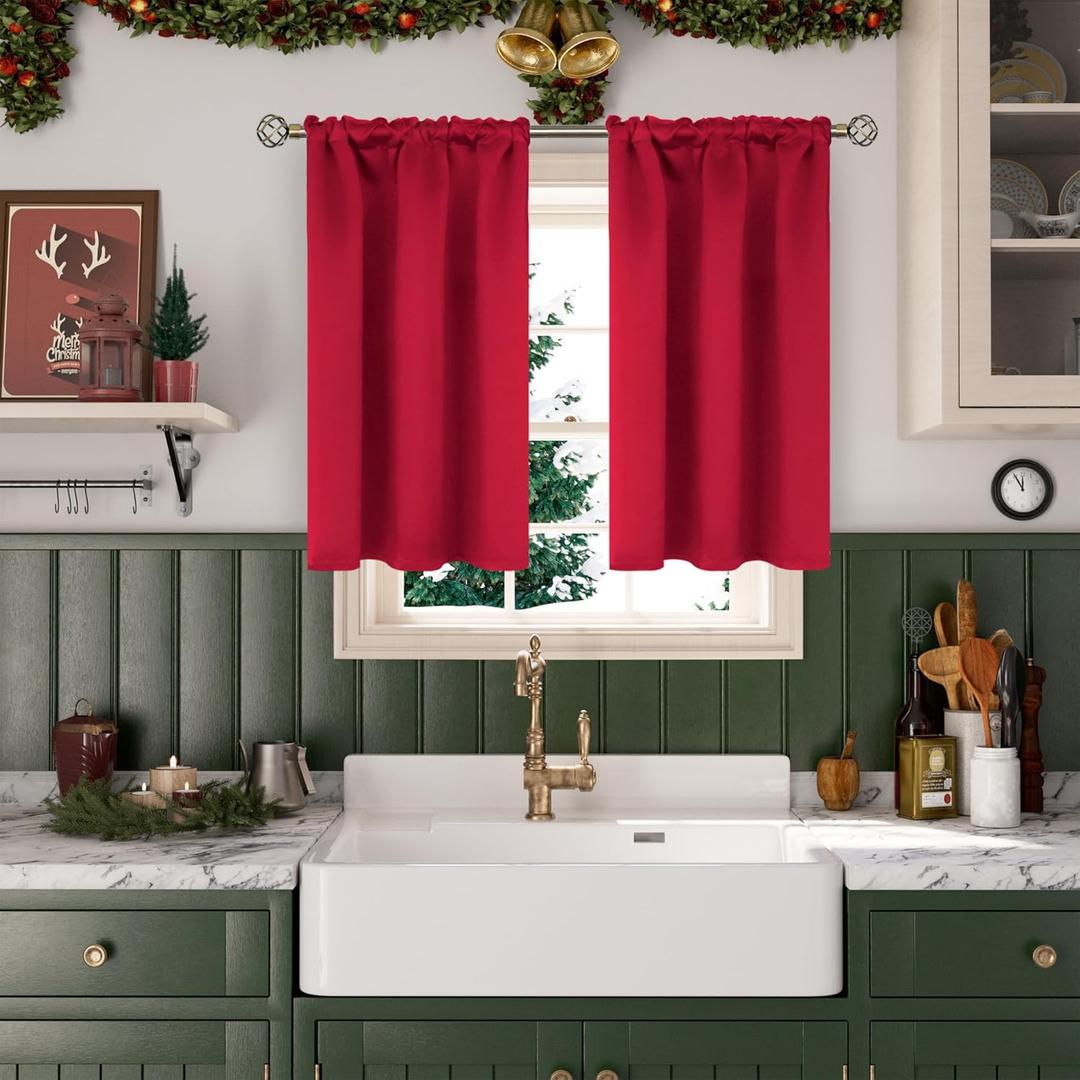 BGment Red Blackout Kitchen Curtains 45 Inches Length - Short Drapes Thermal Insulated with Rod Pocket Privacy Christmas Decor for Cafe Bathroom Window, 2 Panels, 34 x 45 Inch