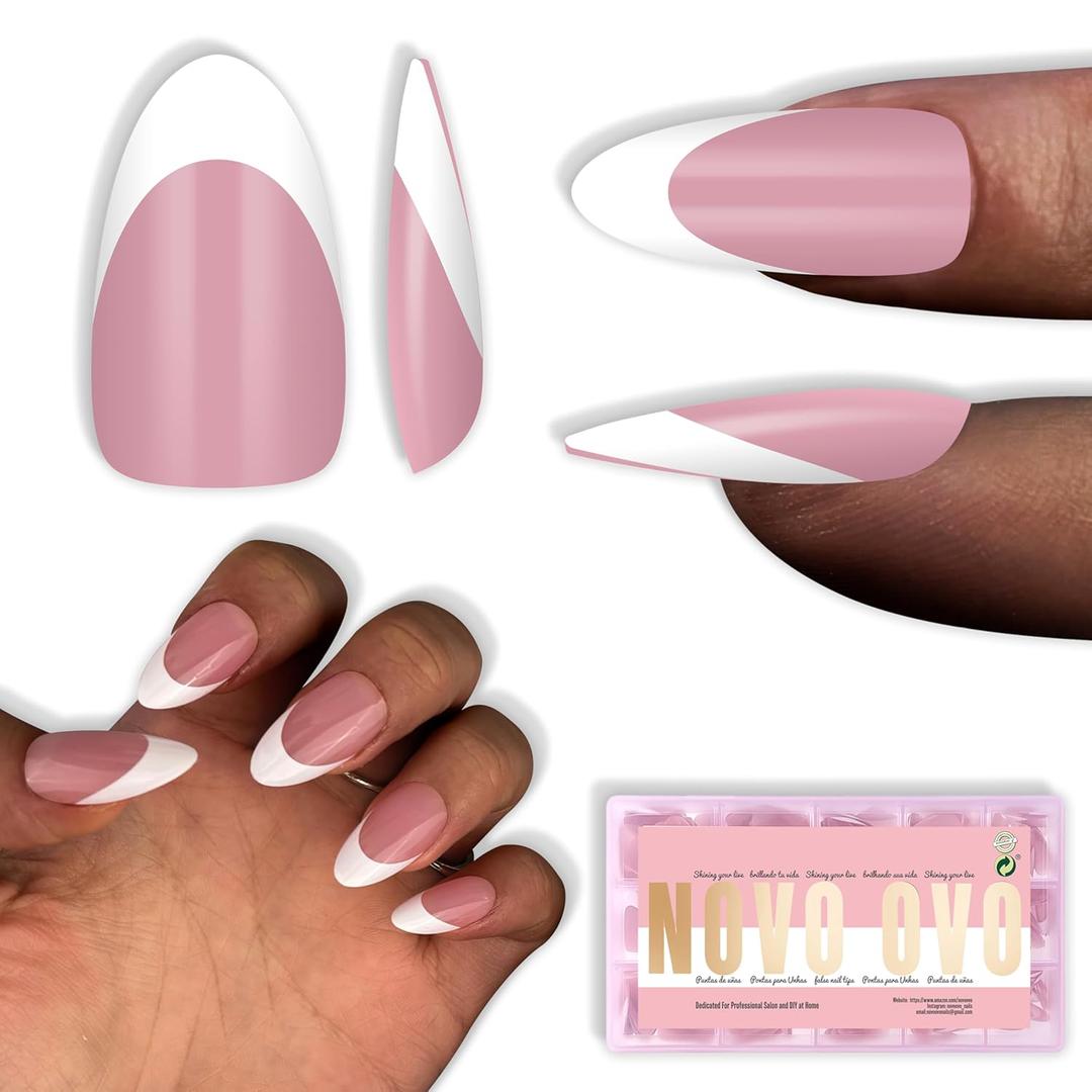 NOVO OVO White French Tip Almond Nail Tips Press on BERRY PINK, Extra Thick Medium Soft Gel Fake Nail Acrylic Extension, Need Builder Gel Top Coat, No Glue Included, for Salon DIY x 15 Sizes 240 pcs