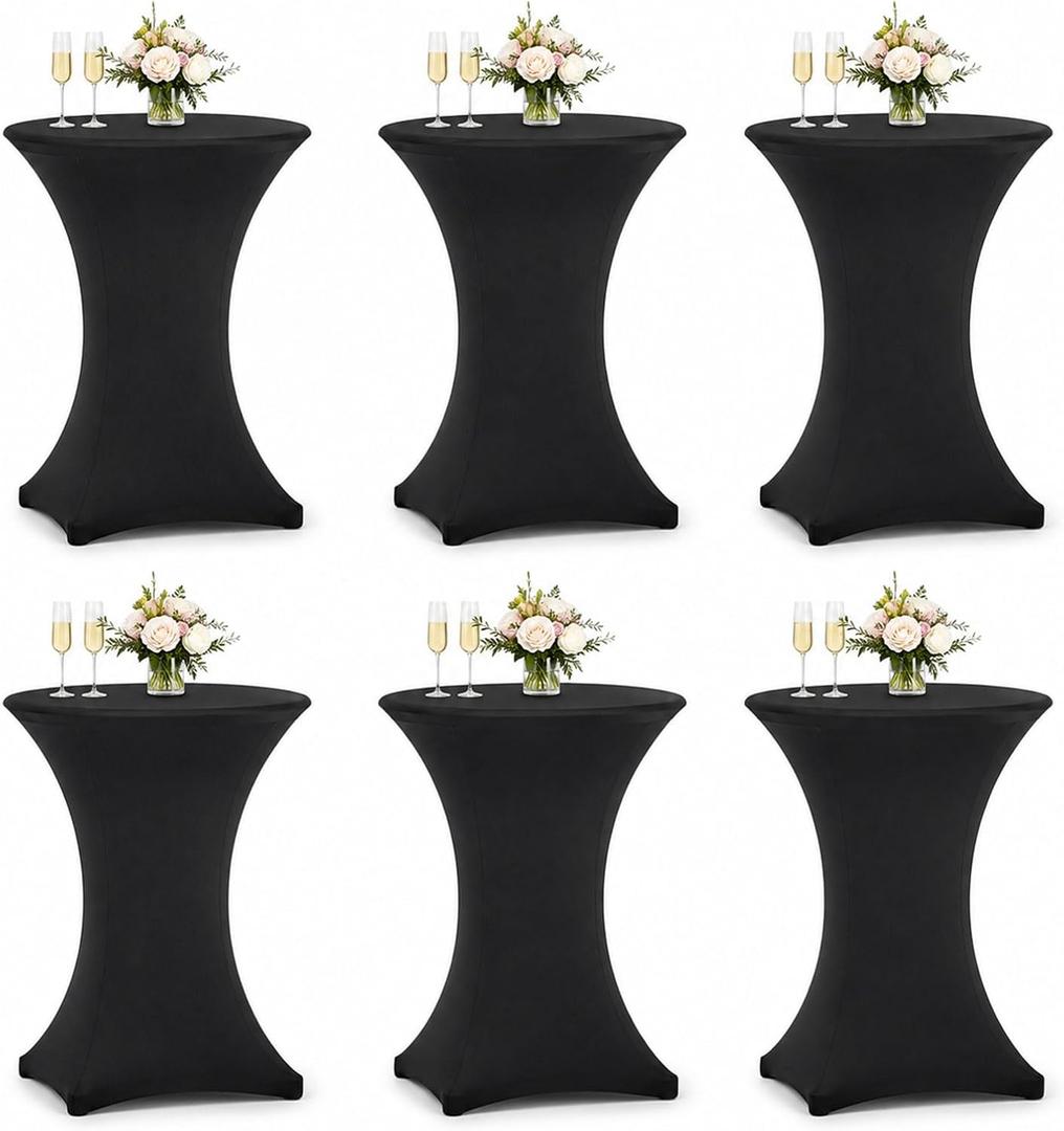 6 Pack Cocktail Table Covers - 32x43 Inch Black Fitted Stretch Spandex Round High Top Tablecloth for Party, Bar, Birthday, Pub, Banquet