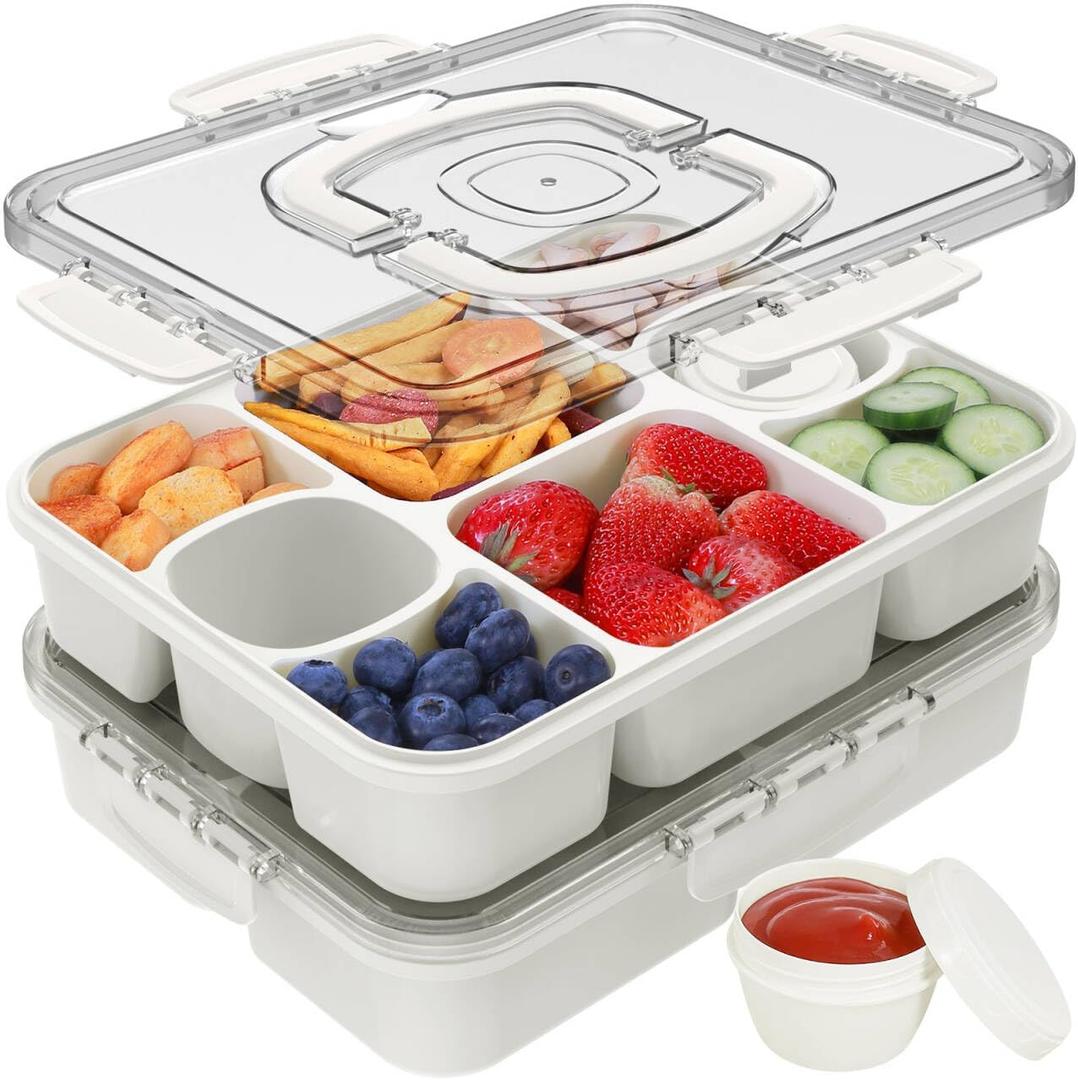 Caperci 2PC Snackle Box Container With 2 Sauce Cup & Handle 8 Compartment, 12.2 inches L x 9.45 inches W x 2.36 inches H