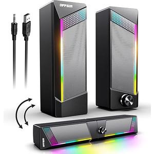 Computer Speakers, 2 in 1 PC Speaker , Gaming Speakers for PC Computer Laptop Desktop Monitor, RGB Speakers with Touch Sensitive Lighting, USB Powered 3.5mm Aux（Package Only Two Speaker, No Soundbar）