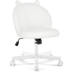 Vanity Chair with Cat Back,Armless Desk Chair Cute Small Office Chair,Teddy Fabric Computer Chair with Adjustable Height,120Tilting,Rolling,Swivel for Vanity,Kids Room,Office,Bedroom White