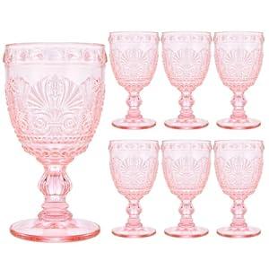 CHICERA 6 Pcs Pink Wine Glasses, Goblet Glasses, Vintage Glassware, Made of Sturdy and Durable Glass Can be Used for Weddings, Everyday Fun Parties and More!
