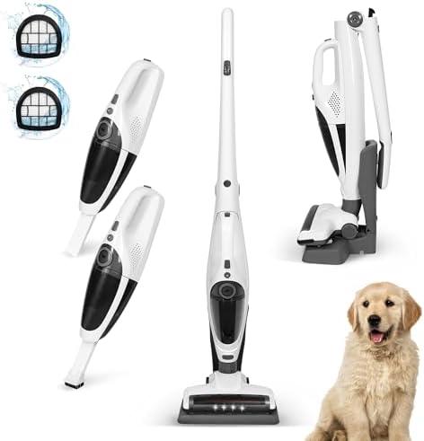Intercleaner 2 in 1 Handheld & Stick Cordless Vacuum Cleaner, 2-Speed Powerful Suction Lightweight with LED Bagless Stick Vac with Handheld, for Hardwood Floor Carpet Car Pet Hair, Ultra Quiet White