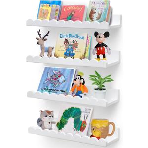 Scalloped Shelves - Set of 4 Pre-Assembled 15.6inch White Floating Nursery Book Shelves, Scalloped Book Shelf - Kids Wall Decor, Nursery Decor, Floating Shelves for Wall