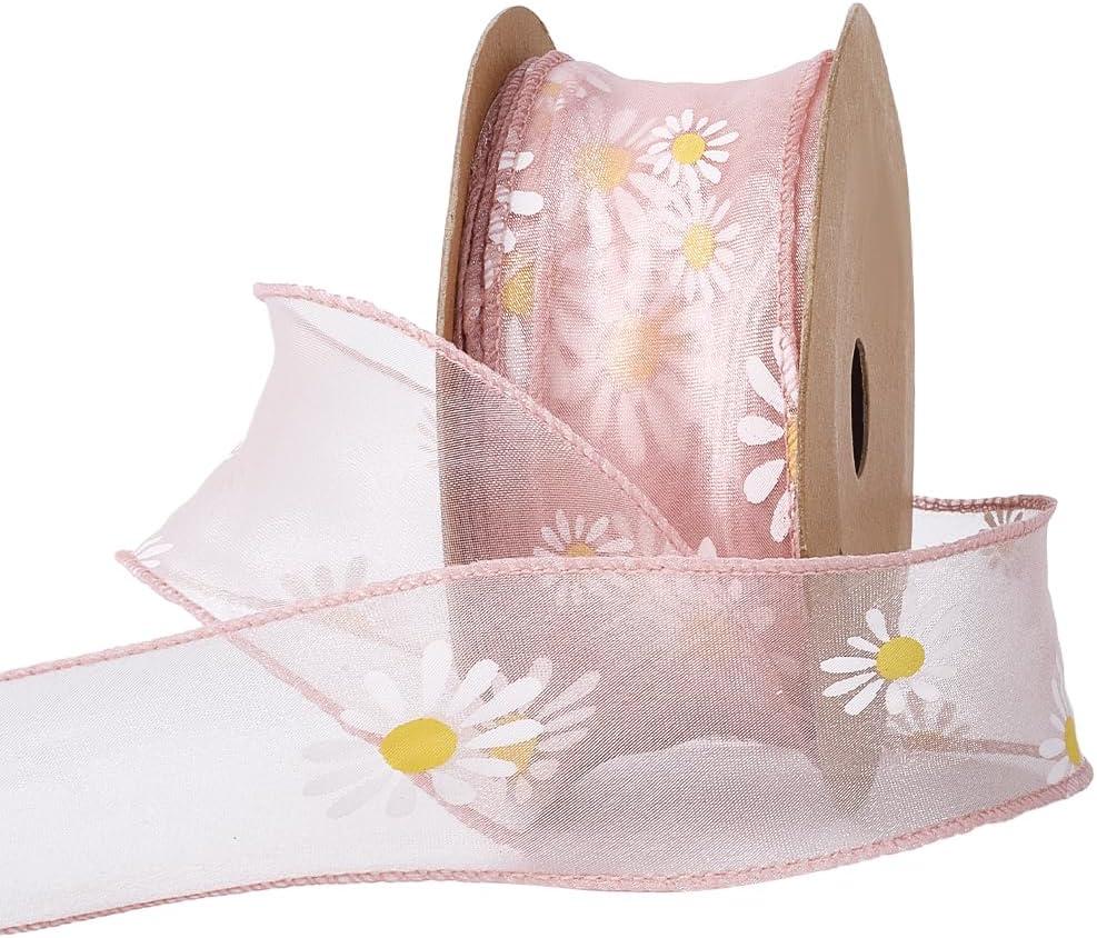 10 Yards 1 5/8 Inch Pink Daisy Trim Floral Print Organza Chiffon Ribbon Sun Flower Transparent Sheer Printed Ribbons Bulk with Spool for Sewing Making Crafts Gift Wrapping Wedding Christmas