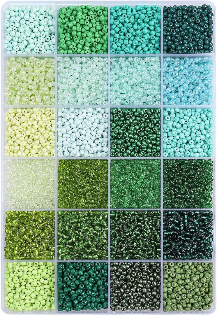 12500pcs John Bead Assorted Glass Seed Beads 8/0, 24 Colors Green Fields Palette Round Bead for DIY Crafts Jewelry Making Bead Box