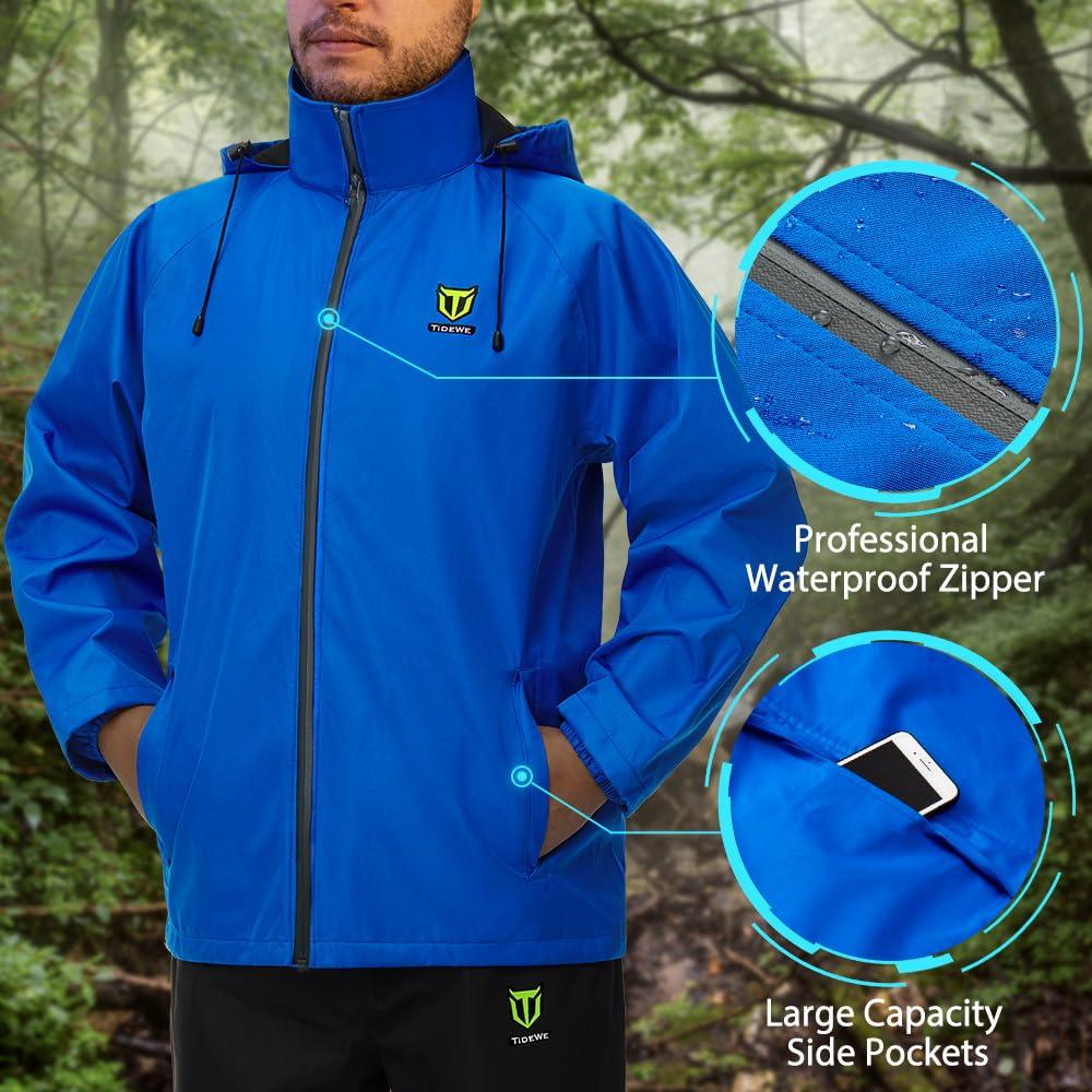 Waterproof, Breathable, and Lightweight TIDEWE Zippered Rain Jacket (Blue, Size Large)