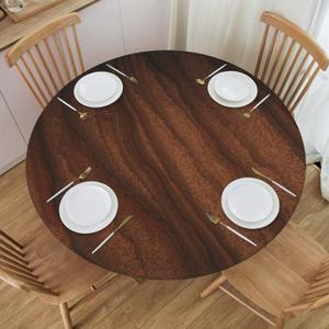 Walnut Wood Grain Round Tablecloth with Elastic Edge Table Cover Waterproof Reusable Table Cloth for Holiday Kitchen Party Patio,S(40"-44")