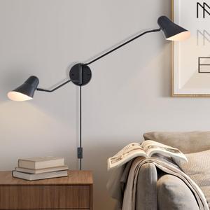 Modern 2-Lights Swing Arm Wall Sconces Black Plug in Wall Light 180 Rotatable Wall Mount Lamp with ON/Off Cord for Bedroom, Living Room, E26 Base