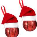 2Pcs Basketball Ornament, Basketball Ornaments for Christmas Tree Decoration with Red Santa Hat, Unique Glass Sports Decorations for Christmas, Hanging Balls Baubles Goalie Style Holiday Hanging Decor