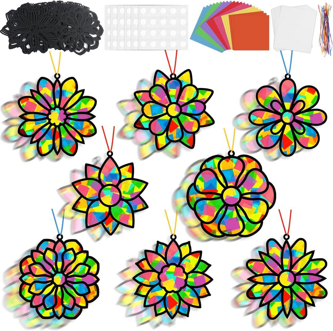 Lonfliness 32 Sets Spring Lotus Suncatchers Craft Kit DIY Window Stained Glass Effect Colorful Lotus Paper Crafts Home School Classroom Decoration Birthday Gift Creative Art Project & Activity Game