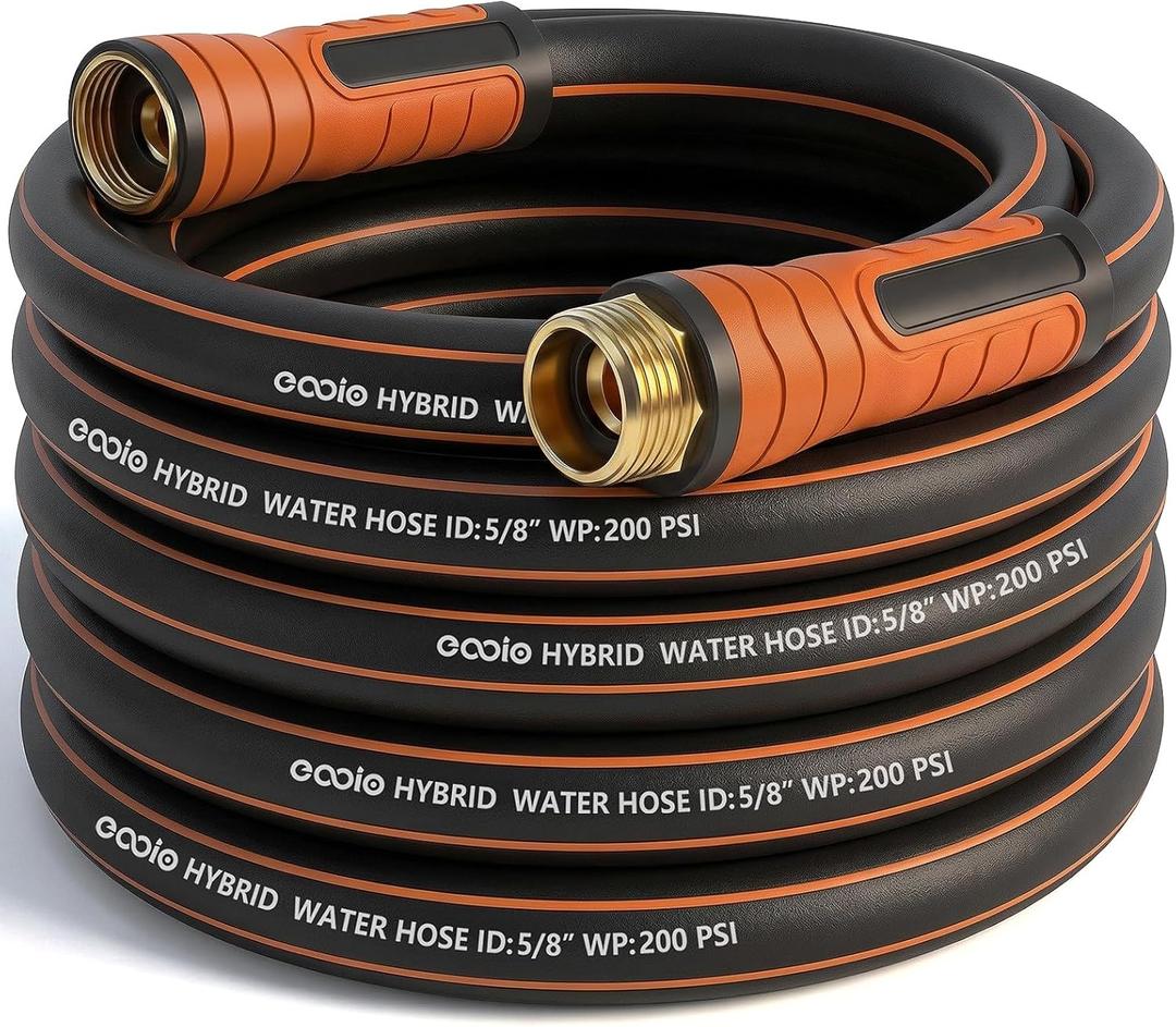 Garden Hose 25 ft x 5/8", Heavy Duty Water Hose, Flexible and Durable, Kink Resistant Lightweight Hybrid Hose, Leakproof Yard Hose with Male to Female Fittings (Black)