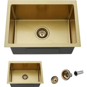 Undermount Gold Kitchen Sink, 22x16 Inch Undermount Kitchen Sink Gold Utility Sinks Stainless Steel 18 Gauge Single Bowl Wet Bar Sinks with Basket Strainer