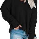 Women’s Off Shoulder Knit Sweaters Oversized V Neck Long Sleeve Loose Lightweight Pullover Tops, M, Black