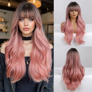 Esmee 24" Women Synthetic Wigs Long Wavy black Ombre pink with Fluffy Air Bangs Light Cosplay Party Wig