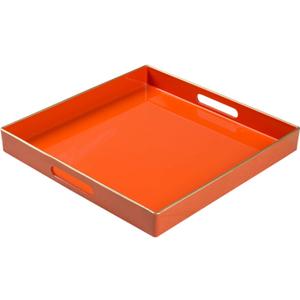 MAONAME Decorative Tray, Orange Serving Tray with Handles, Coffee Table Tray, Square Plastic Tray for Ottoman, Bathroom, Kitchen, 13"x13"x1.57"