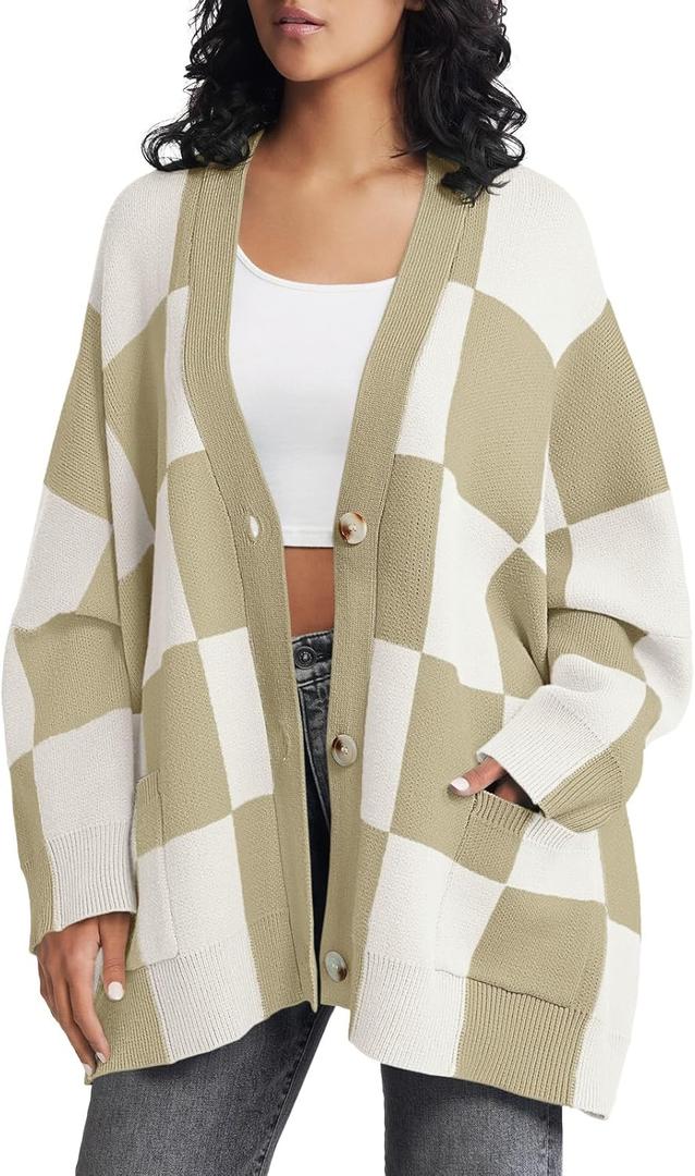 Saodimallsu Womens Checkered Sweater Color Block Plaid Oversized Cardigan Long Sleeve V Neck Button Down Knit Coats (Large, Khaki)