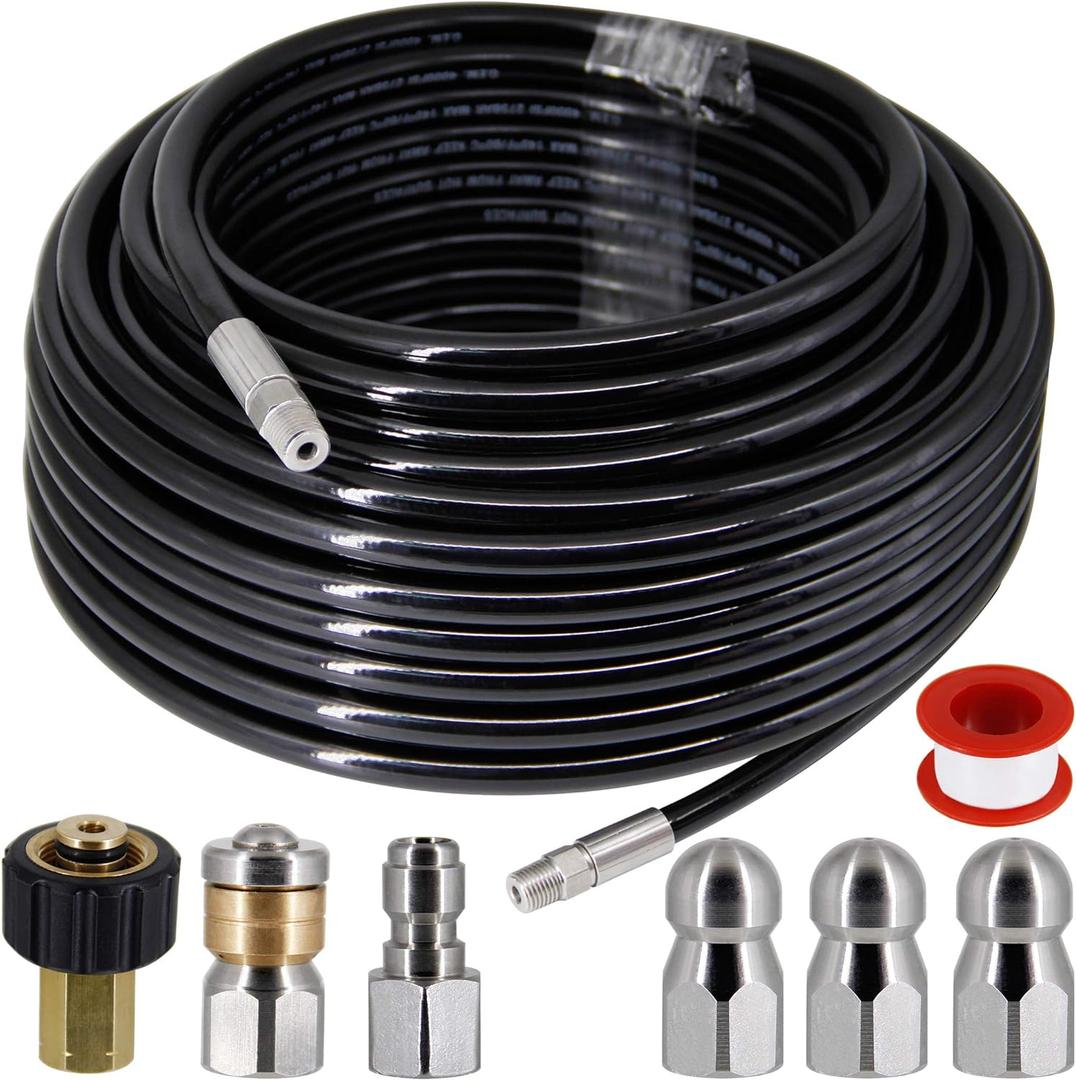 Twinkle Star Sewer Jetter Kit for Pressure Washer -100 ft Hose, 1/4 Inch NPT, Drain Cleaning Hose, Button Nose & Rotating Sewer Jetting Nozzle, Orifice 4.0, 4.5, 5.5, 4000 PSI