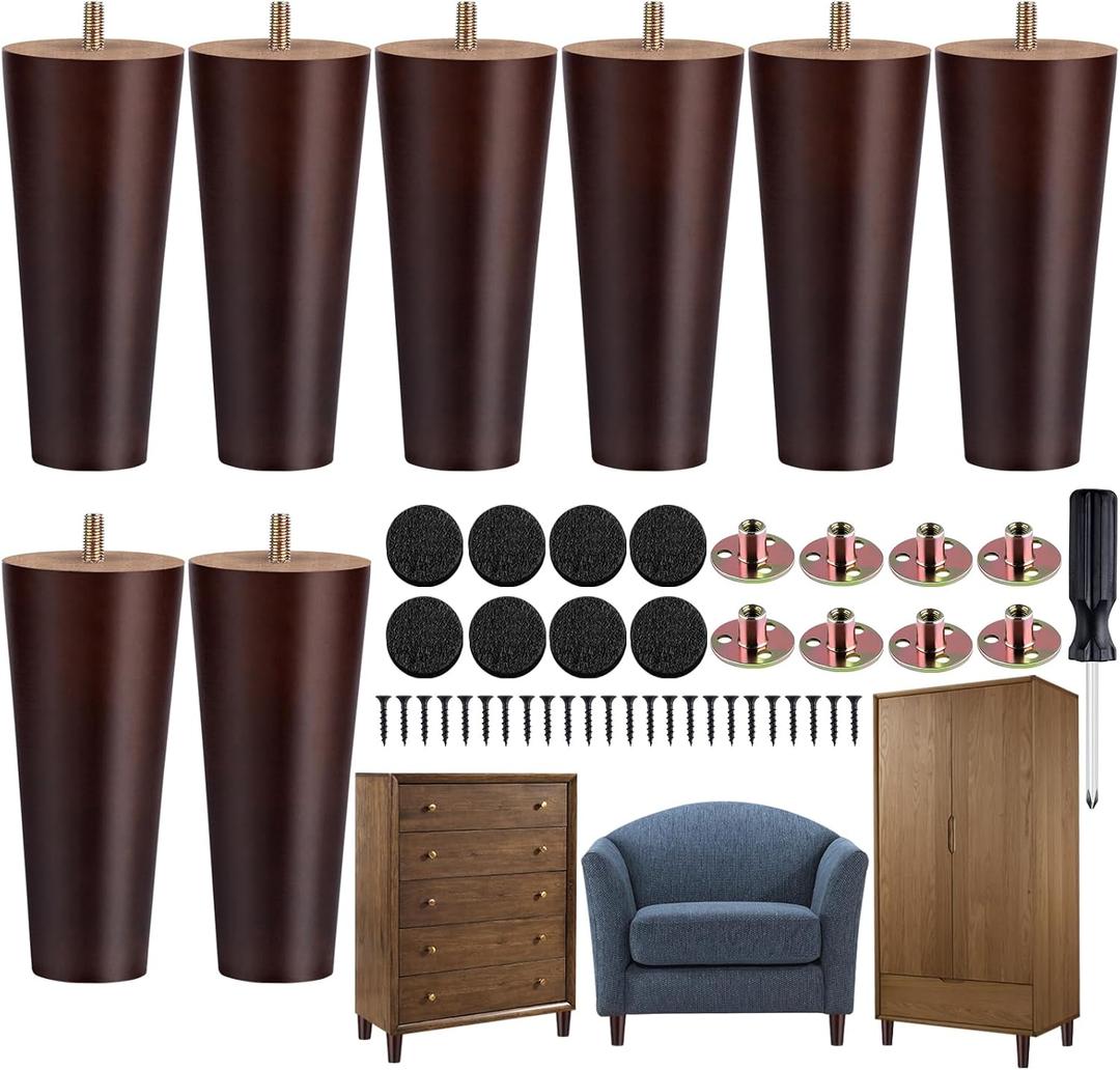 TURSTIN 8 Pieces Furniture Legs 6 Inches Round Solid Wood Furniture Feet with M8 T-Nuts Couch Legs Sofa Leg Replacement Leg for Armchair, Cabinet, Chair, Dresser or Home DIY Projects, Brown