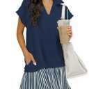 Skoinvb Women's Cap Sleeve Polo Dress V Neck Striped Casual Shirt Dresses Pleated Summer Fall School Dress with Pockets Dark Blue Small (S)