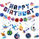 SUNBEAUTY Solar System Birthday Party Decorations Outer Space Happy Birthday Banner Planet Rocket Astronaut Hanging Swirls for Kids Boy Baby Shower First Trip Around The Sun School Supplies (Exploring the Universe)