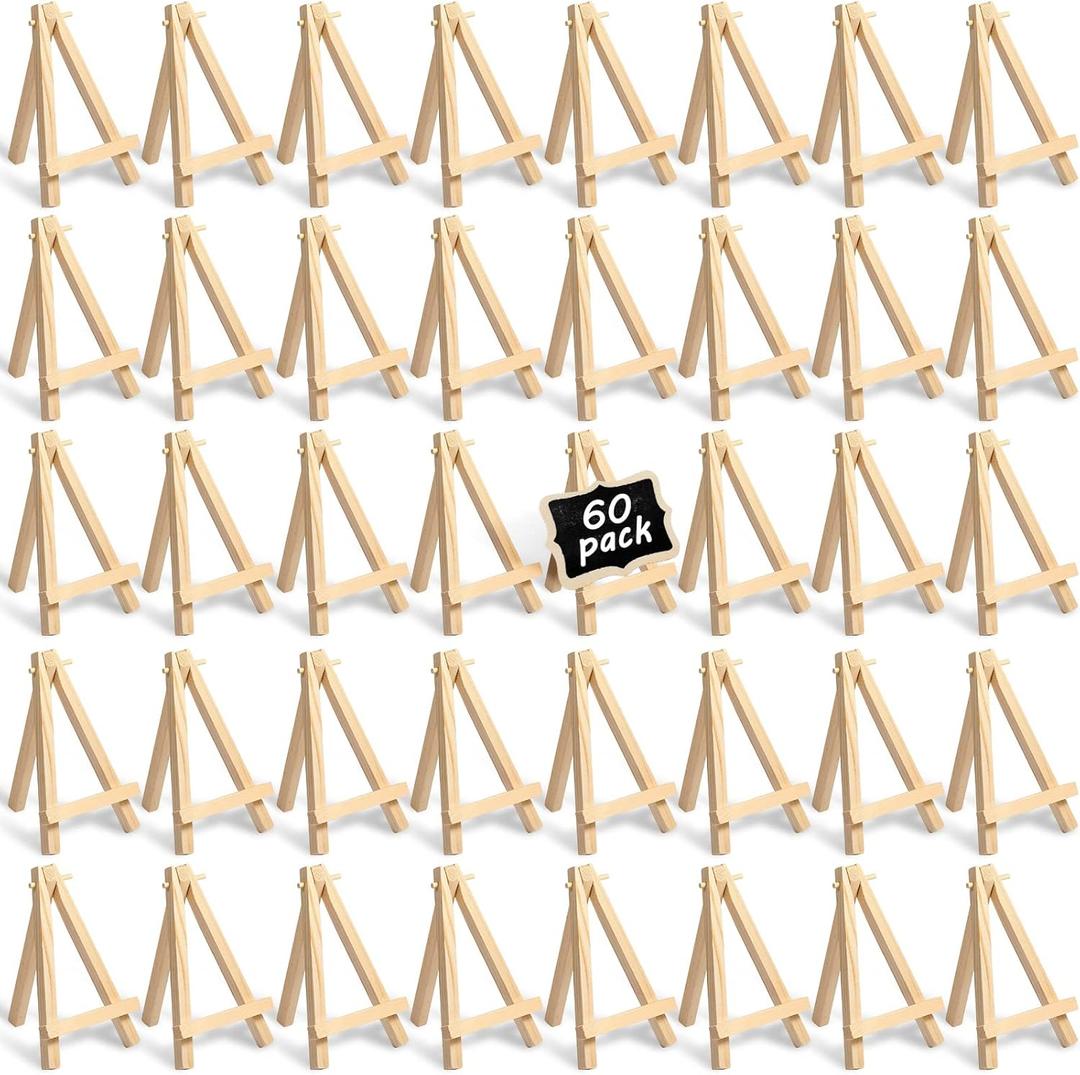 60 Pack 5 Inch Mini Easel Wood Display Artist Small Wooden Easel Stand Art Craft Painting Triangle Stand Canvas Holder for Card Artist Photos Tabletop Phone Wedding