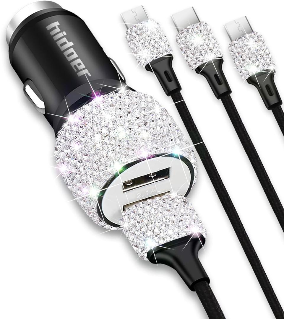 Bling USB Car Charger 5V 2.4A White Crystal Decor Dual Port Fast Adapter with 4ft Nylon Type C Micro USB 3 in 1 Multi Charging Cable for iPhone iPad Android, Auto Interior Accessories for Women