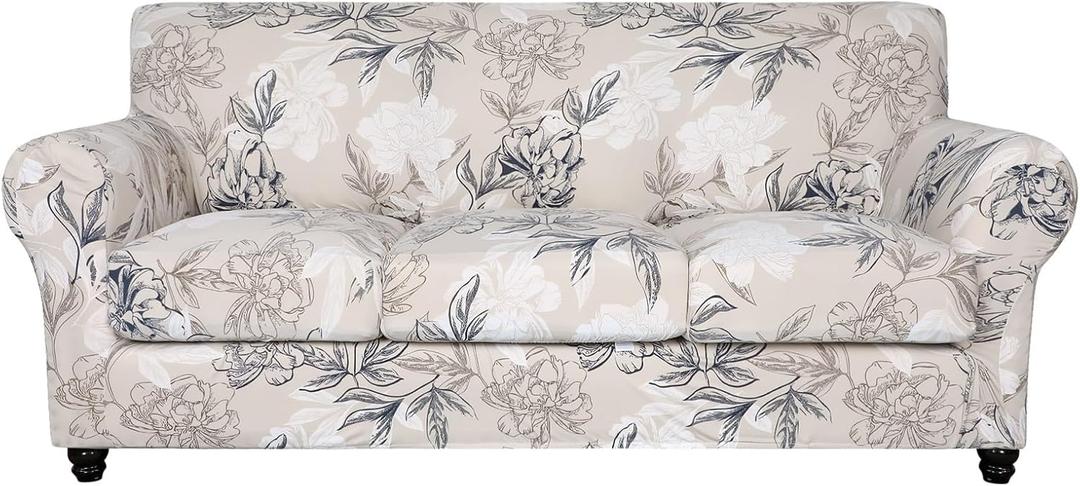 SearchI Stretch Sofa Cover Printed Couch Cover, Floral Pattern 4 Pieces Sofa Slipcover with 3 Separate Cushion Cover, Washable Furniture Protector for Living Room(Sofa, Flower Shadow) (Large)