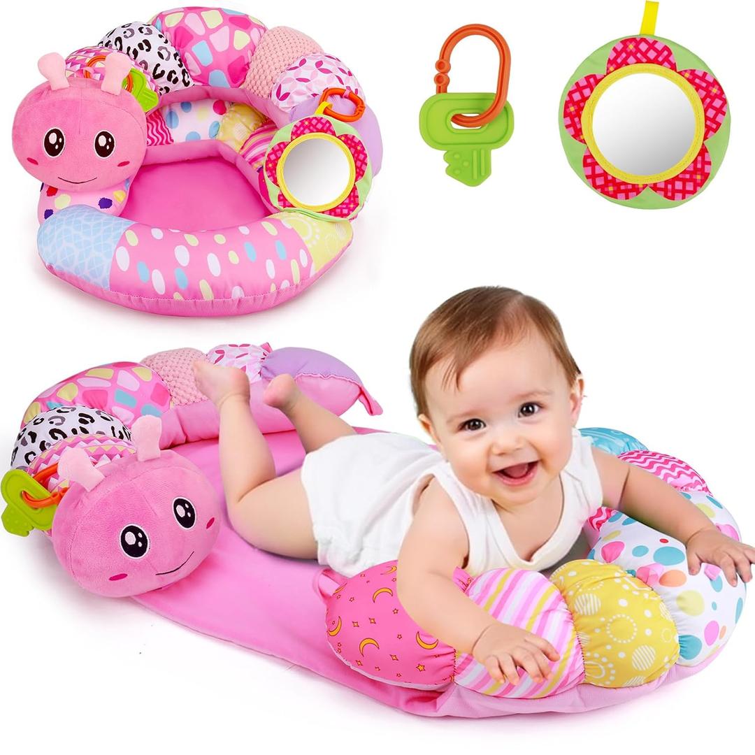 2 in 1 Baby Tummy Time Mat & Support Seated Pillow Infant Newborn Toys 0 1 2 3 4 5 6 Months Pink Caterpillar Sensory Developmental Playmat 0-6 3-6 12 Month Mirror Babies Girls Shower Easter Gifts