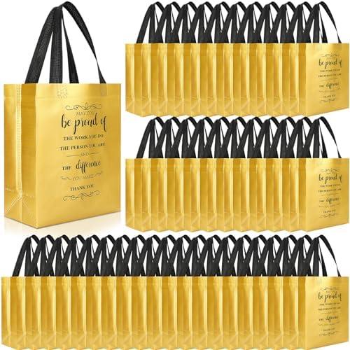 Paterr 100 Pcs Employee Appreciation Gift Bags Bulk 10 x 8 x 4'' Non Woven Thank You Tote Bags with Handle Inspirational May You Be Proud Gift for Colleague Teacher Doctor(Gold)