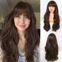 HAIRCUBE Long Dark Brown Wig with Bangs Layered Curly Wigs for Women Natural Synthetic Wigs for Daily Use (pelucas de cabello natural)