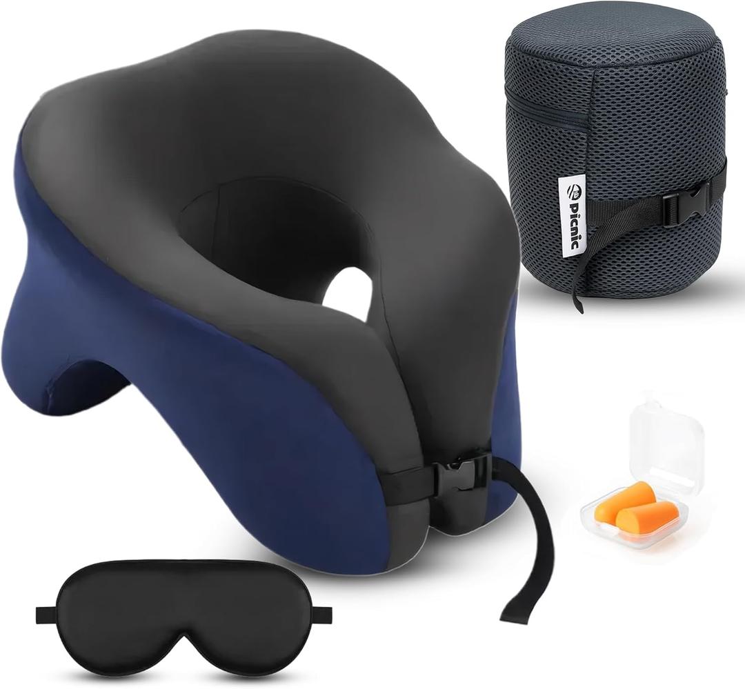 Picnic Neck Pillow for Traveling | 100% Pure Memory Foam Travel Pillow for Airplanes, Car & Office | Ergonomic Support with Adjustable Clasp, Eye Mask & Compact Travel Bag | Perfect for Relaxation (Blue & Gray)
