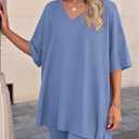 PRETTYGARDEN 2 Piece Sets for Women Summer 2026 Lounge Short Set Spring Matching Biker Shorts V Neck Oversized Shirt Clothing (Blue, XL)