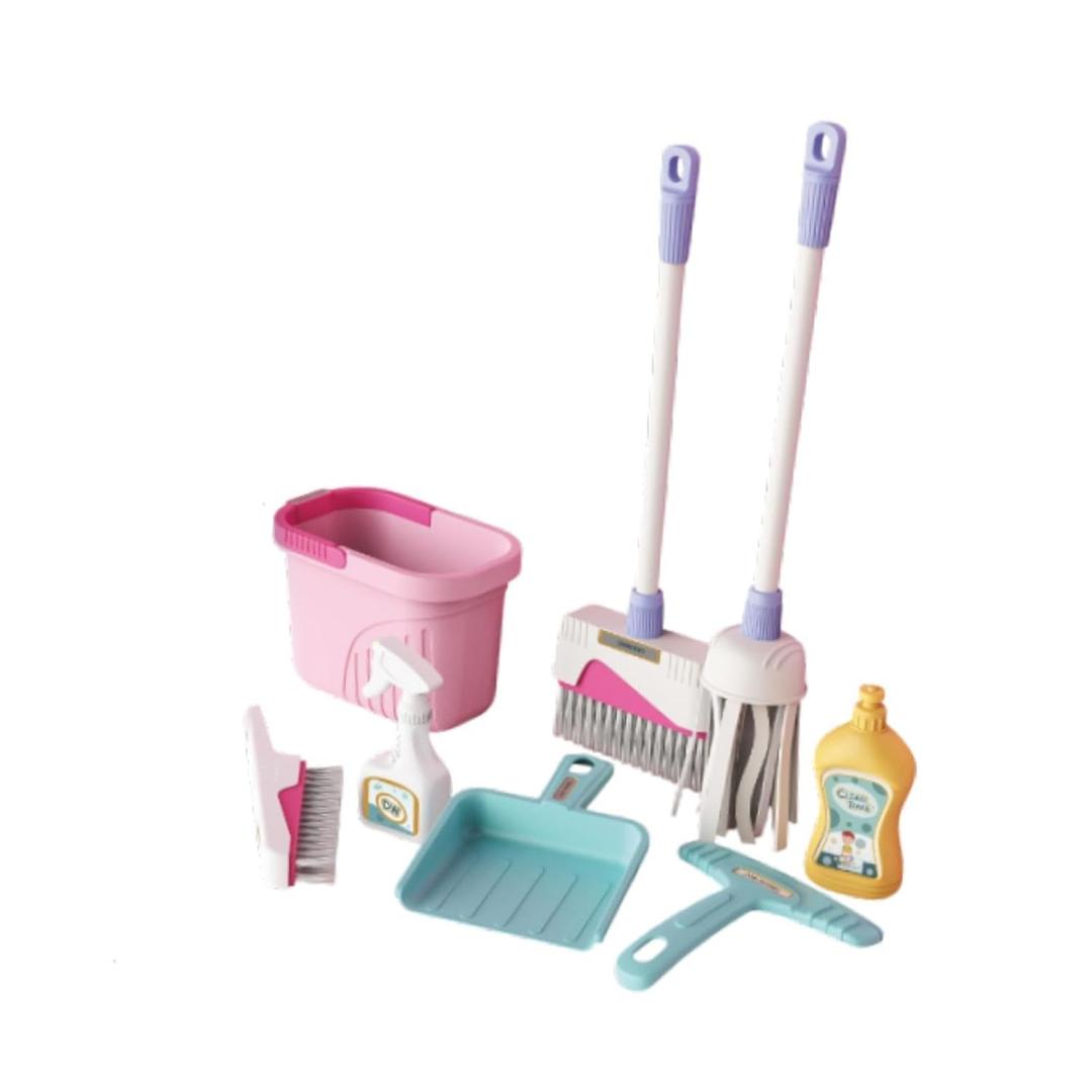 Cleaning Set for Toddlers Pretend Play Broom Set, 8pcs Mop and Cleaning Toys Set Pretend Playset Detachable Broom Mop Dustpan Pink Toy for Girls
