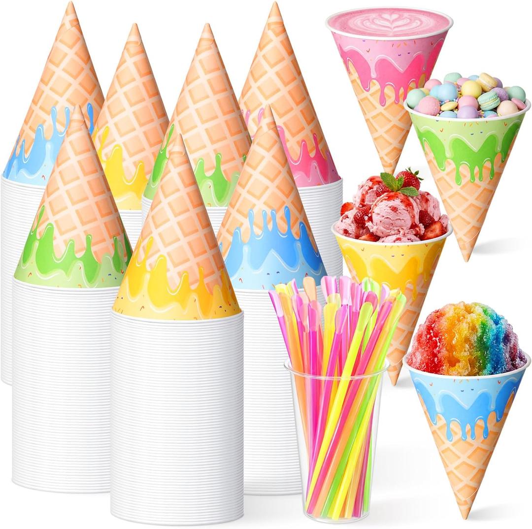Honeydak 200 Pcs 6 oz Snow Cone Cups with Spoon Straws Disposable Paper Shaved Cups for Ice Cream Birthday Party Supplies, about 4.72 x 3.4 inches