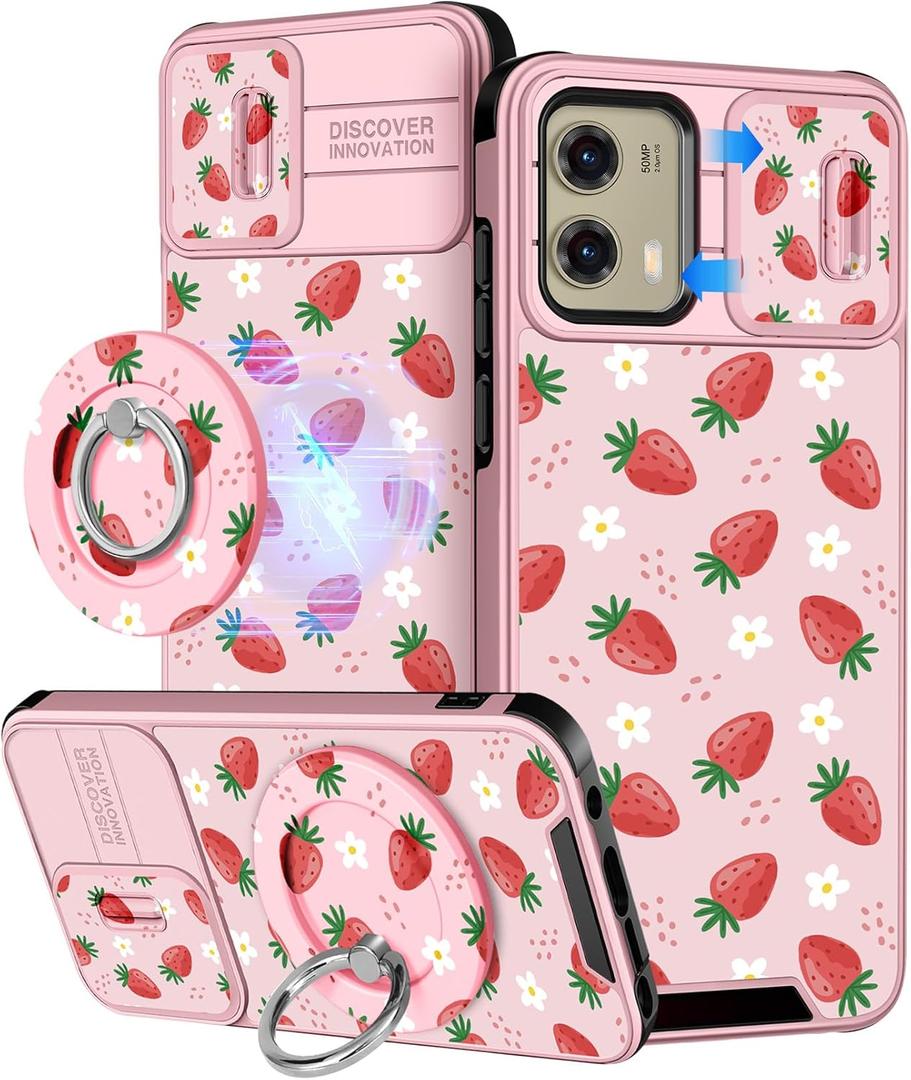 Buleens for Moto G Stylus 5G 2024 Case - with Ring Stand & Camera Cover Aesthetic Cute Designed for Women Girls Girly Kawaii Strawberry Phone Case for Motorola G Stylus 5G 2024 Compatible with Magsafe